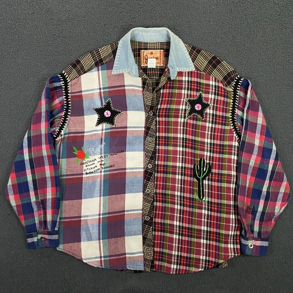 Vintage Joujou Shirt Women One Size Patchwork Flannel Chain Stitch Western Boho